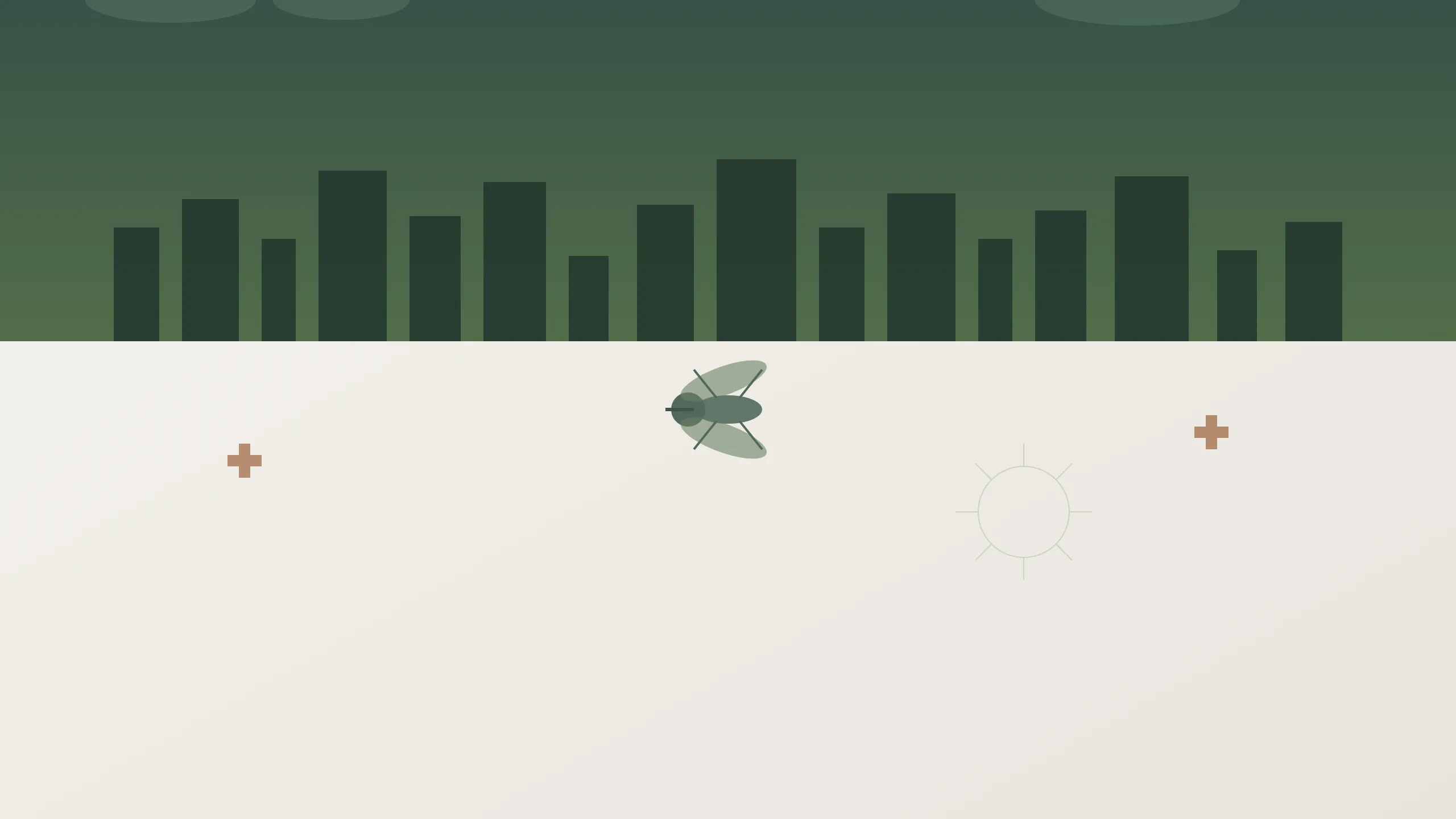 Abstract illustration of mosquito silhouette over Houston skyline with medical alert symbols